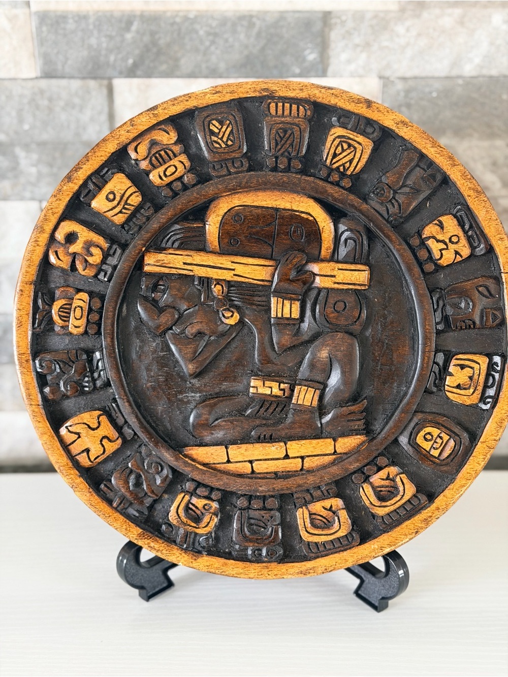 Vintage Mexican folk art hand-carved wooden Aztec or Mayan calendar plaque 10.5”